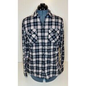 Eddie Bauer Women’s Flannel Long Sleeve Shirt Plaid Size L Black White Red Gray